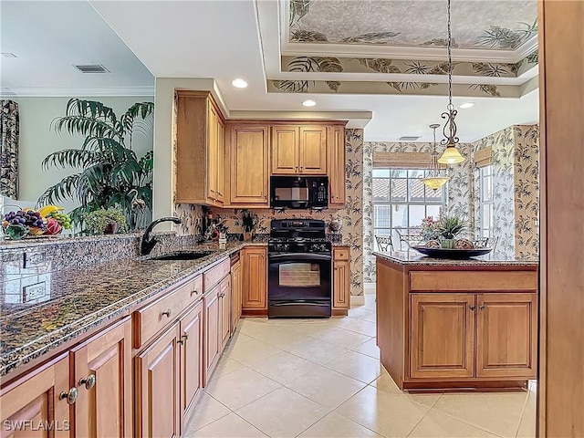 11256 Bienvenida Way Unit 6D, Fort Myers, FL 33908 - kitchen with black appliances, a sink, crown molding, dark stone counters, and a raised ceiling