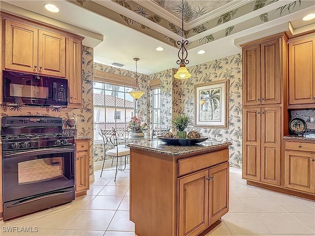 11256 Bienvenida Way Unit 6D, Fort Myers, FL 33908 - kitchen with wallpapered walls, black appliances, dark stone counters, brown cabinetry, and light tile patterned flooring