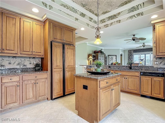 11256 Bienvenida Way Unit 6D, Fort Myers, FL 33908 - kitchen featuring ornamental molding, paneled appliances, a kitchen island, dark stone counters, and ceiling fan