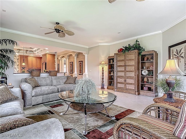 11256 Bienvenida Way Unit 6D, Fort Myers, FL 33908 - living area featuring crown molding, decorative columns, a ceiling fan, and light tile patterned floors