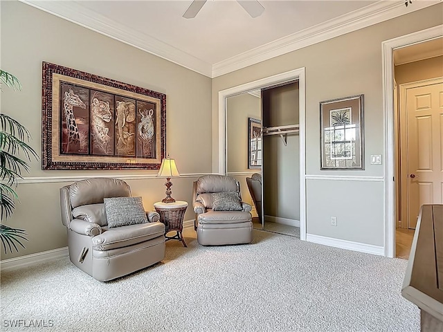11256 Bienvenida Way Unit 6D, Fort Myers, FL 33908 - sitting room with carpet, crown molding, a ceiling fan, and baseboards