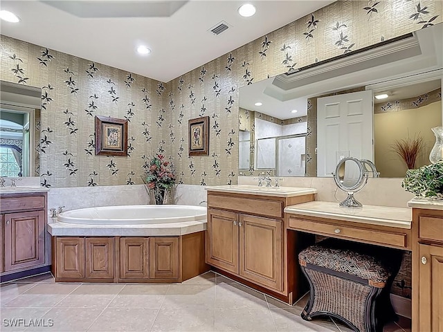 11256 Bienvenida Way Unit 6D, Fort Myers, FL 33908 - full bathroom featuring a stall shower, a garden tub, tile patterned flooring, recessed lighting, and vanity