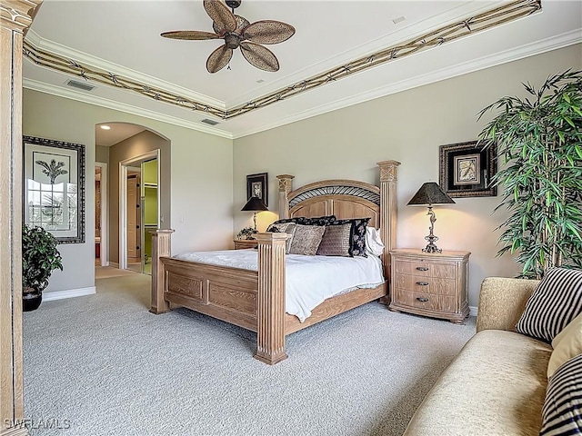 11256 Bienvenida Way Unit 6D, Fort Myers, FL 33908 - bedroom with carpet, arched walkways, baseboards, crown molding, and a ceiling fan