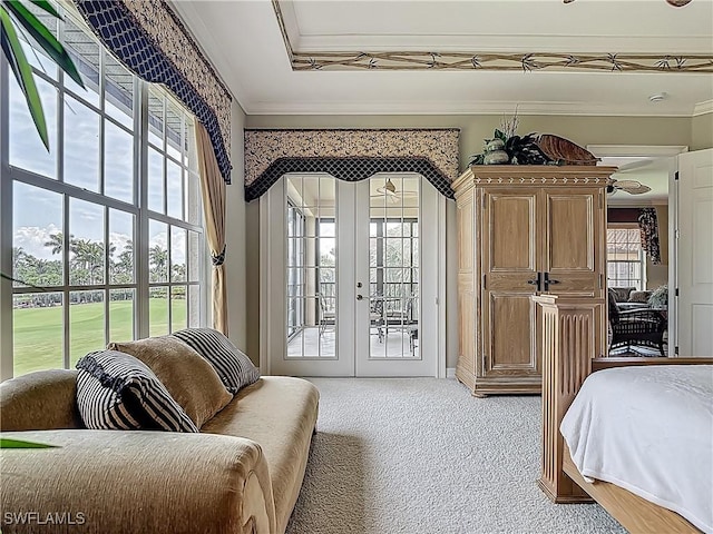 11256 Bienvenida Way Unit 6D, Fort Myers, FL 33908 - bedroom featuring french doors, access to outside, light carpet, and ornamental molding
