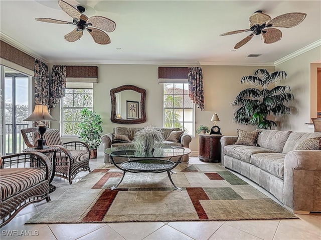 11256 Bienvenida Way Unit 6D, Fort Myers, FL 33908 - living room with a ceiling fan, ornamental molding, and tile patterned flooring