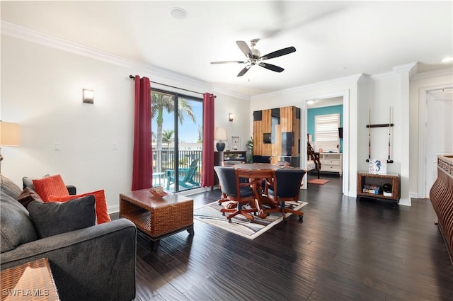 5105 Rutland Ct, Cape Coral, FL 33904 - living room featuring ceiling fan, ornamental molding, and wood finished floors