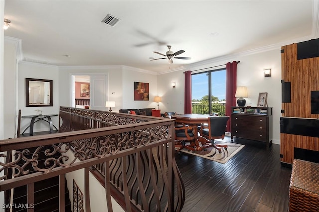 5105 Rutland Ct, Cape Coral, FL 33904 - living room featuring dark wood finished floors, a ceiling fan, and ornamental molding