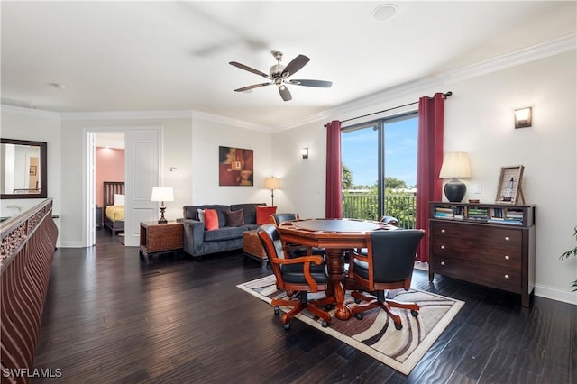 5105 Rutland Ct, Cape Coral, FL 33904 - dining space featuring a ceiling fan, crown molding, wood finished floors, and baseboards