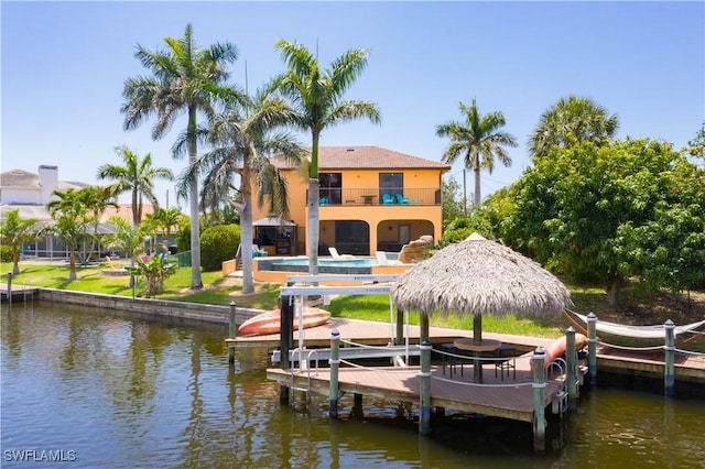 5105 Rutland Ct, Cape Coral, FL 33904 - dock featuring a balcony, a water view, boat lift, and a gazebo