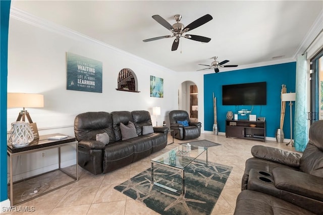 5105 Rutland Ct, Cape Coral, FL 33904 - living area featuring arched walkways, crown molding, tile patterned floors, and a ceiling fan