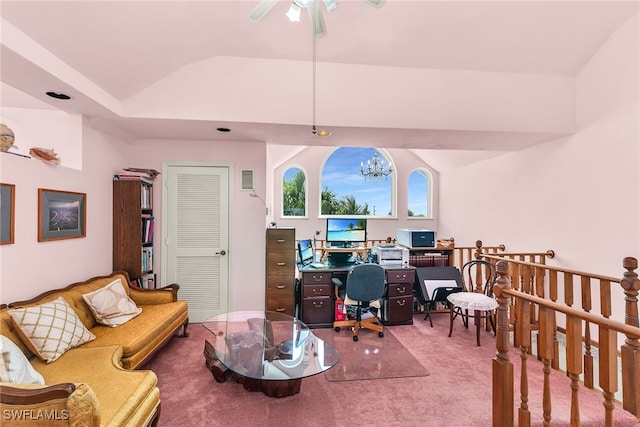 carpeted office featuring vaulted ceiling and ceiling fan