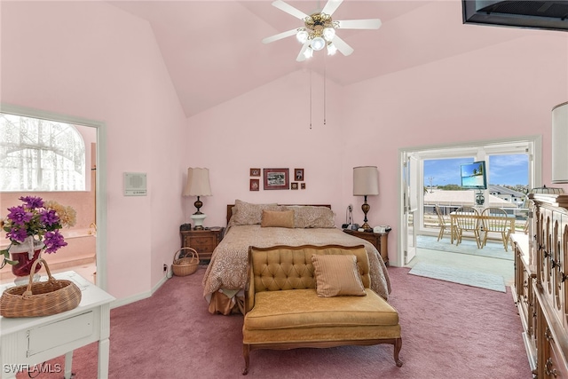 bedroom featuring high vaulted ceiling, light colored carpet, access to exterior, connected bathroom, and a ceiling fan