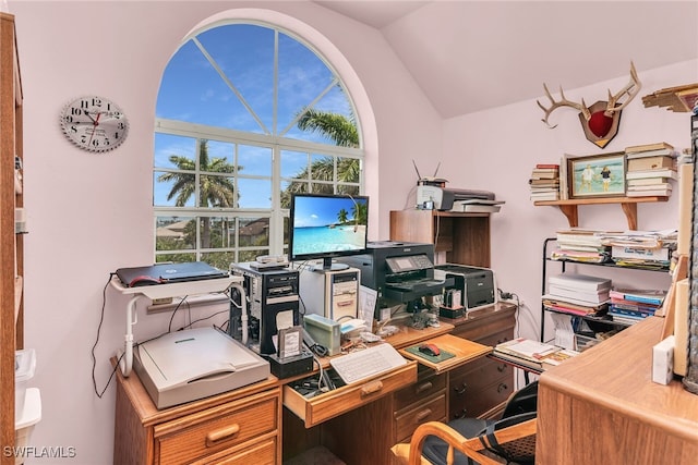 office space featuring vaulted ceiling