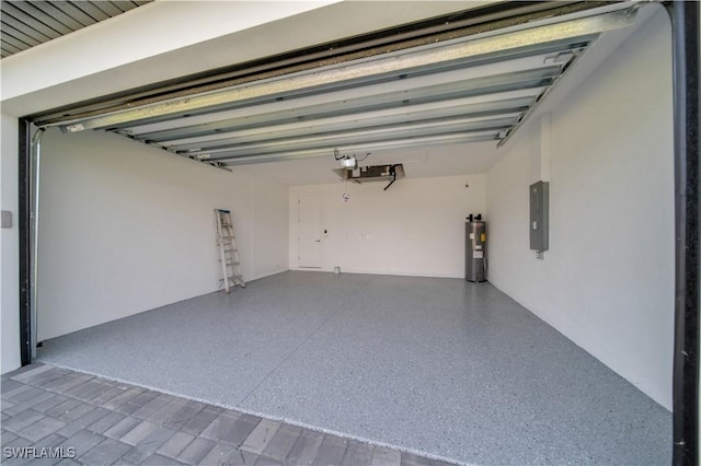 garage with water heater and electric panel