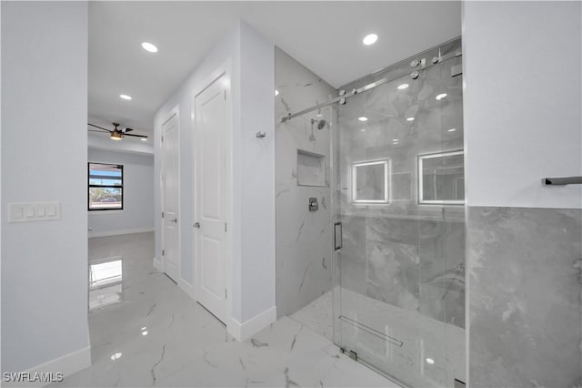 bathroom featuring baseboards, marble finish flooring, a marble finish shower, recessed lighting, and a ceiling fan