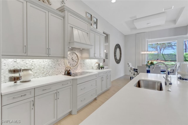 14179 Charthouse Ct, Naples, FL 34114 - kitchen featuring a sink, premium range hood, a tray ceiling, decorative backsplash, and light countertops