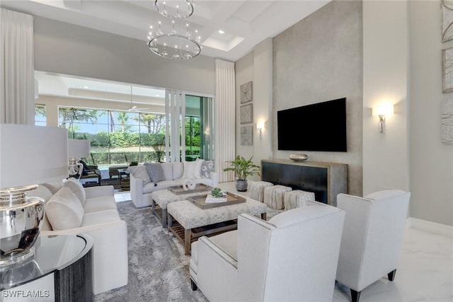 14179 Charthouse Ct, Naples, FL 34114 - living area with a towering ceiling, coffered ceiling, recessed lighting, beamed ceiling, and baseboards