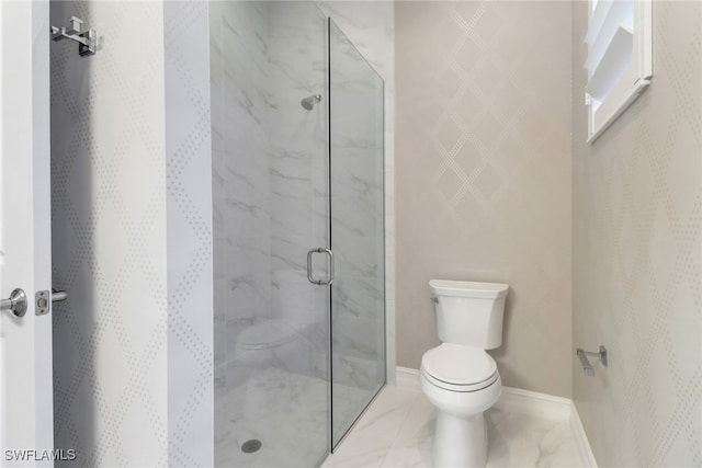 14179 Charthouse Ct, Naples, FL 34114 - bathroom with toilet, a shower stall, marble finish flooring, and baseboards