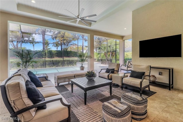 14179 Charthouse Ct, Naples, FL 34114 - view of patio featuring an outdoor hangout area, a ceiling fan, an outdoor pool, and glass enclosure