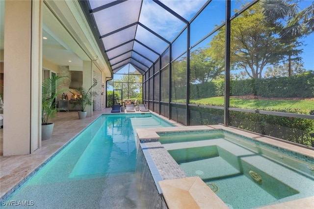 14179 Charthouse Ct, Naples, FL 34114 - view of pool featuring a patio, a pool with connected hot tub, and glass enclosure