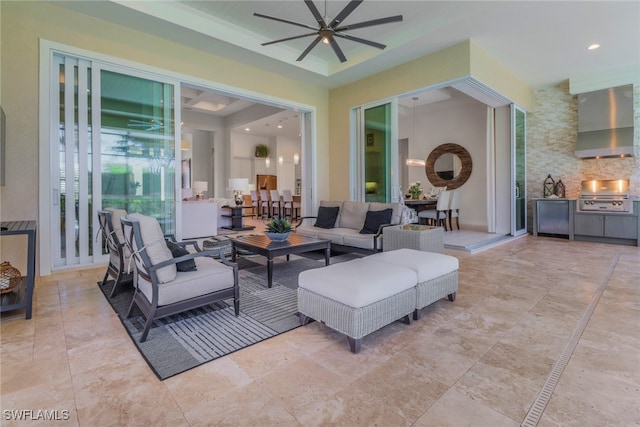 14179 Charthouse Ct, Naples, FL 34114 - living room with a ceiling fan and a raised ceiling