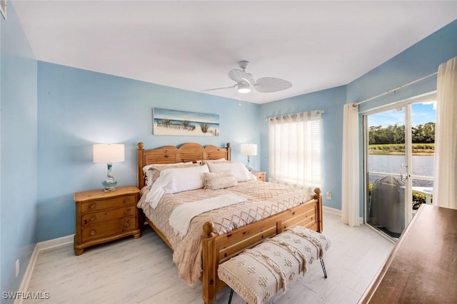bedroom with access to outside, baseboards, ceiling fan, and light wood-style flooring