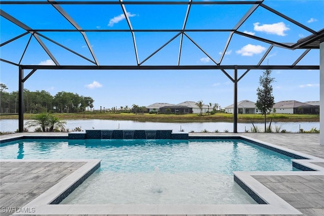 swimming pool featuring a lanai, a water view, and a patio