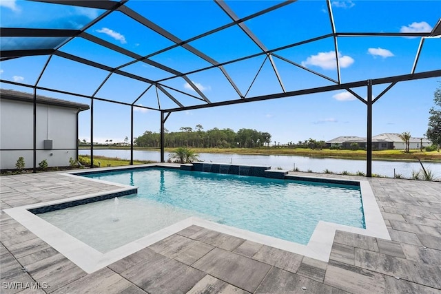 swimming pool featuring a patio, a water view, and glass enclosure