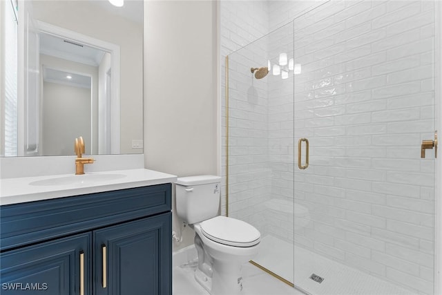 bathroom featuring a shower stall, toilet, vanity, and marble finish flooring