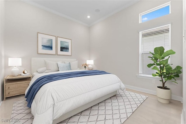 bedroom featuring ornamental molding, baseboards, and recessed lighting