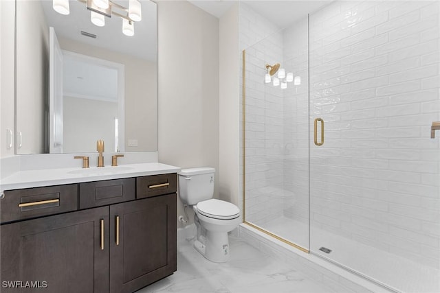 bathroom with marble look tiles, a stall shower, toilet, and vanity