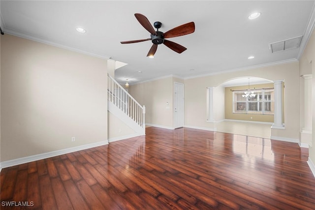10310 Carolina Willow Dr, Fort Myers, FL 33913 - unfurnished living room with ornate columns, wood finished floors, arched walkways, a ceiling fan, and ornamental molding