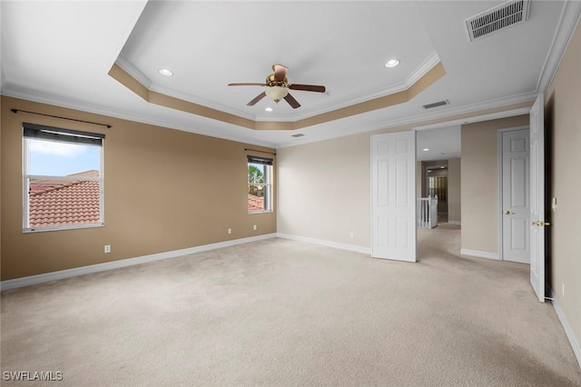 10310 Carolina Willow Dr, Fort Myers, FL 33913 - unfurnished room featuring a ceiling fan, crown molding, a raised ceiling, light carpet, and recessed lighting