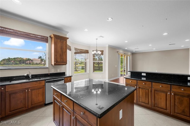 10310 Carolina Willow Dr, Fort Myers, FL 33913 - kitchen featuring stainless steel dishwasher, a sink, a center island, light tile patterned floors, and crown molding
