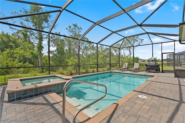 14860 Cherry Blossom Way, Punta Gorda, FL 33955 - outdoor pool featuring an in-ground hot tub, grilling area, a patio area, and glass enclosure