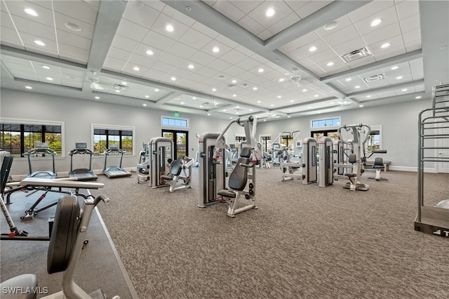 14860 Cherry Blossom Way, Punta Gorda, FL 33955 - exercise room featuring recessed lighting, coffered ceiling, baseboards, and carpet floors