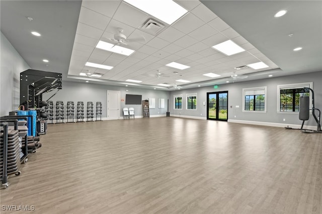 14860 Cherry Blossom Way, Punta Gorda, FL 33955 - exercise room with wood finished floors, a ceiling fan, baseboards, and a drop ceiling