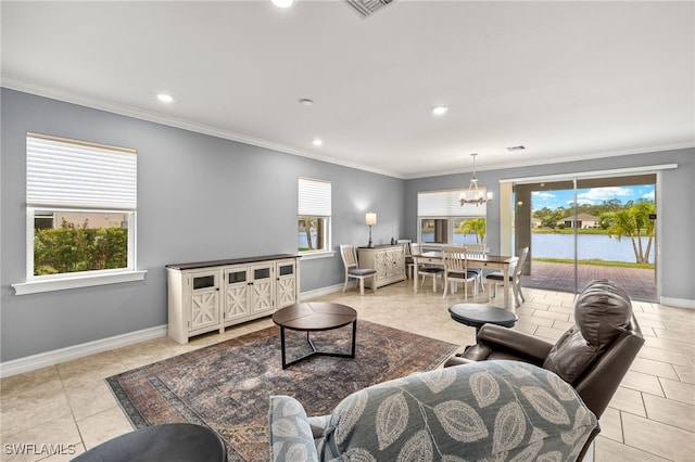 living area featuring a chandelier, ornamental molding, baseboards, recessed lighting, and light tile patterned flooring