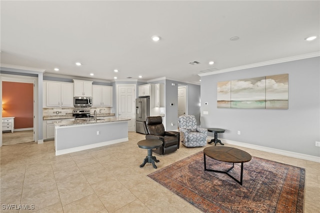 living area with crown molding, recessed lighting, light tile patterned floors, and baseboards