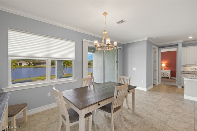 dining space featuring a chandelier, crown molding, baseboards, light tile patterned floors, and recessed lighting