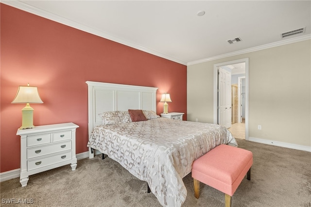 bedroom featuring ornamental molding, carpet flooring, and baseboards