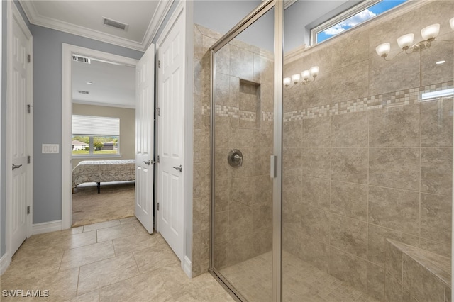 full bathroom with ensuite bathroom, a stall shower, crown molding, and baseboards