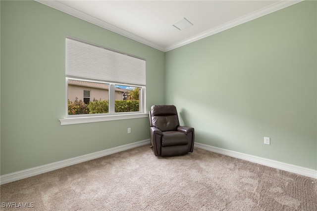 unfurnished room with carpet flooring, baseboards, and ornamental molding