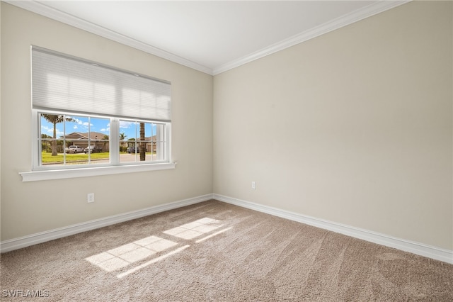 carpeted spare room with baseboards and crown molding