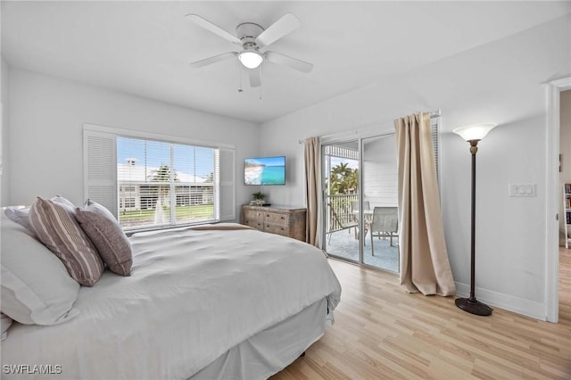 bedroom with access to outside, light wood-type flooring, baseboards, and ceiling fan