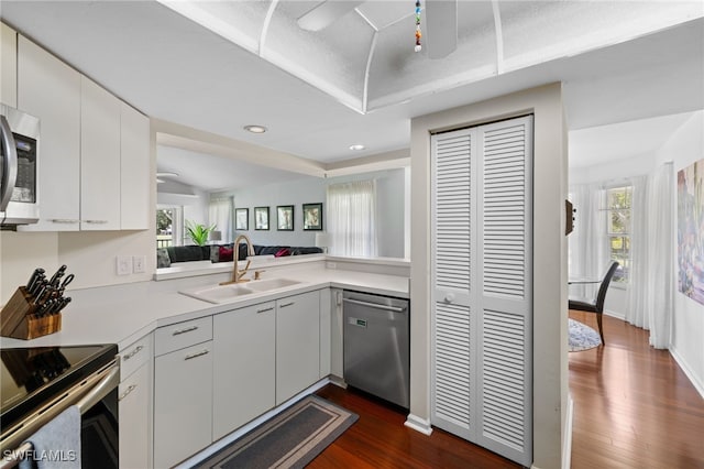 kitchen with stainless steel appliances, a sink, dark wood-style floors, light countertops, and a ceiling fan