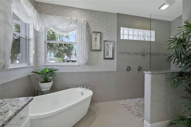 1428 SW 52nd Ln, Cape Coral, FL 33914 - full bathroom featuring tile walls, plenty of natural light, a soaking tub, walk in shower, and vanity