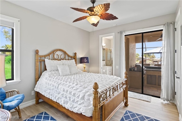 2227 SW 54th Ln, Cape Coral, FL 33914 - bedroom with access to exterior, light wood-style flooring, baseboards, ensuite bath, and a ceiling fan