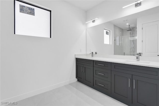 1432 Euclid Ave, Lehigh Acres, FL 33972 - full bath featuring a stall shower, double vanity, and tile patterned flooring