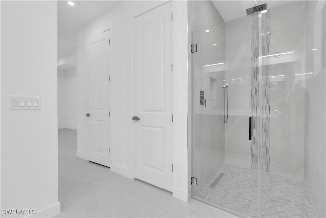 1432 Euclid Ave, Lehigh Acres, FL 33972 - bathroom featuring a shower stall, recessed lighting, and tile patterned floors